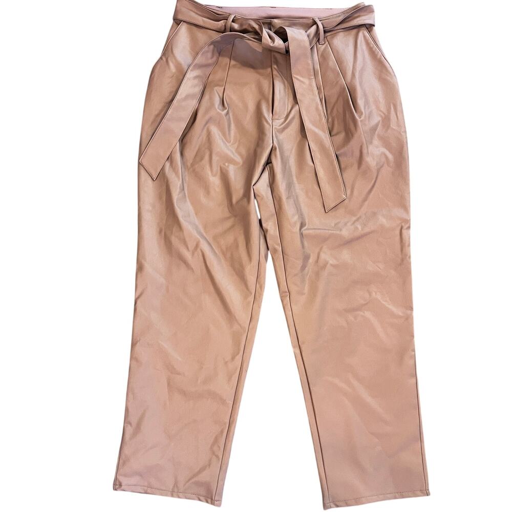 Express Tan brown faux leather fleece lined belted pants womens Medium NEW